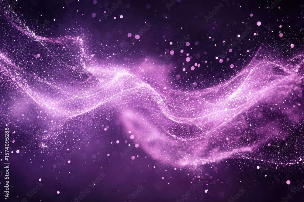 Fototapeta premium Abstract purple glowing background with glittering particles and fluid waves