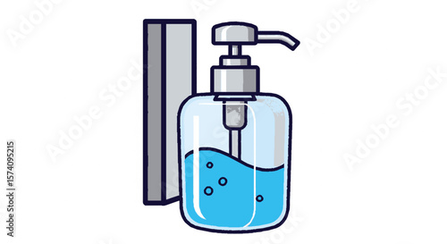 Illustration of a bottle of hand sanitizer with a pump dispenser, next to a wall mount.