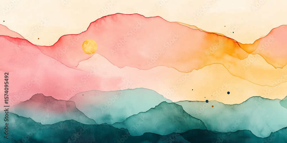 Abstract watercolor landscape with rolling hills and a soft sun Abstract watercolor landscape with rolling hills and a soft sun
