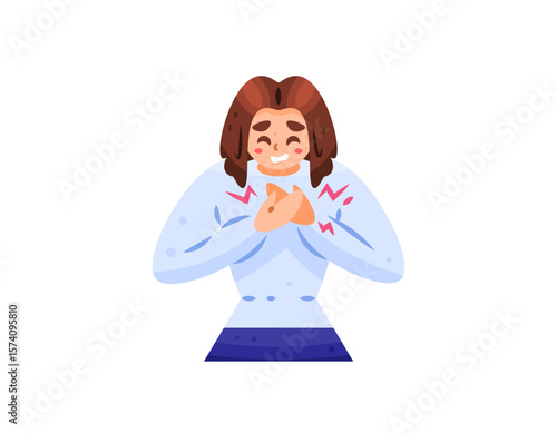 Illustration of a woman with chest pain. Feeling chest pain. Symptoms of a heart attack, GERD, muscle or lung problems. Health problems. Gestures and expressions. Flat style character design