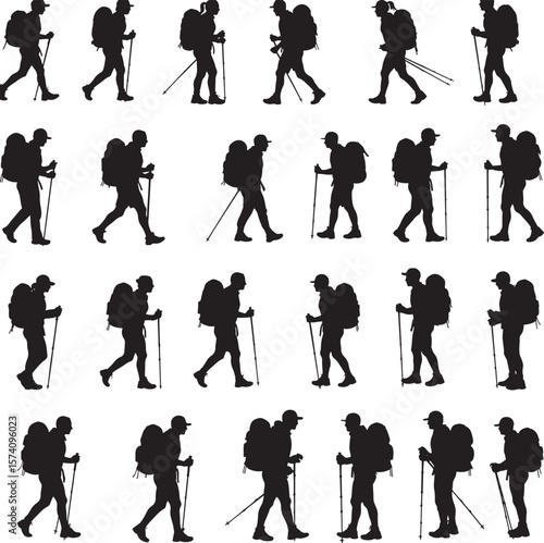 Backpackers hiking trekkers walking men women with sticks silhouettes