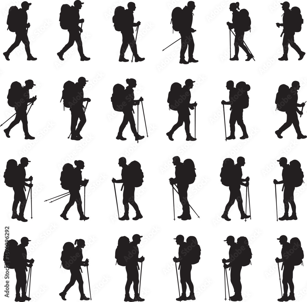 Obraz premium Backpackers hiking trekking walking men women with sticks poles silhouettes