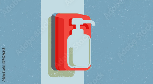 A wall-mounted hand sanitizer dispenser, ready for use, on a blue wall.