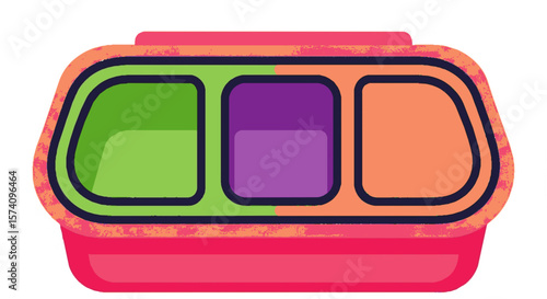 A vibrant pink lunchbox with three partitioned compartments, featuring green, purple, and orange sections.