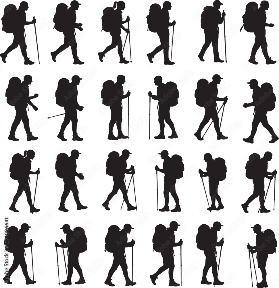 Obraz premium Backpackers hiking trekking walking men women with sticks silhouettes 