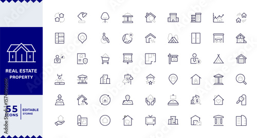 Real Estate Duotone outline icons with editable stroke collection. Includes House, Villa, Mortgage, Realtor, Amenities,