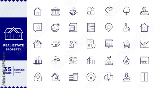Real Estate Duotone outline icons with editable stroke collection. Includes House, Villa, Mortgage, Realtor, Amenities,