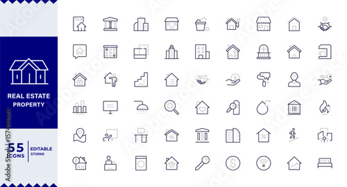 Real Estate Duotone outline icons with editable stroke collection. Includes House, Villa, Mortgage, Realtor, Amenities,