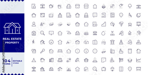 Real Estate Duotone outline icons with editable stroke collection. Includes House, Villa, Mortgage, Realtor, Amenities,