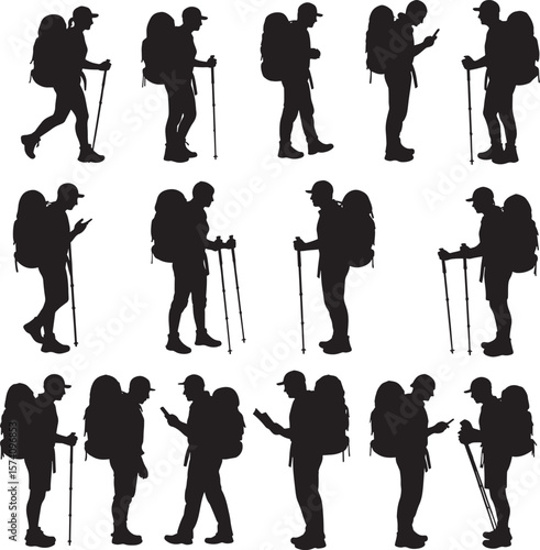 Backpackers hiking trekking walking men women with sticks silhouettes