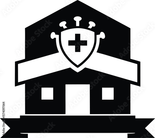 COVID-19 isolation ward building with a virus symbol on the front