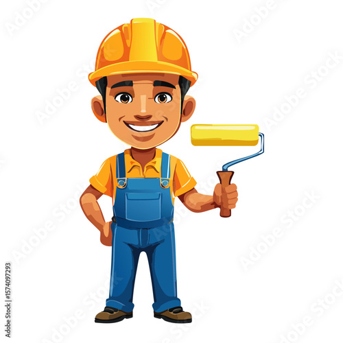 cartoon painter decorator man holding a paint roller,  vector icon graphic design	
