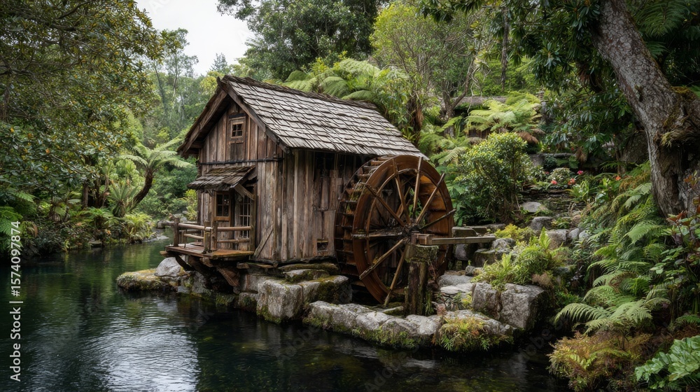 A traditional wooden waterwheel turning in a peaceful river, surrounded by lush greenery. A traditional wooden waterwheel turning in a peaceful river, surrounded by lush greenery.