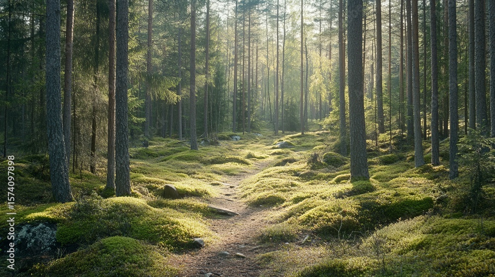 Fototapeta premium Sunlit path winds through a lush, mossy forest, sunlight filtering through tall trees