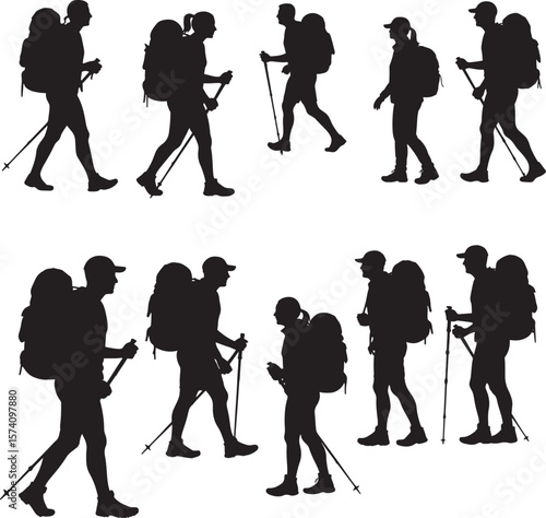 Black silhouettes of hikers with backpacks and trekking poles walking on a white background