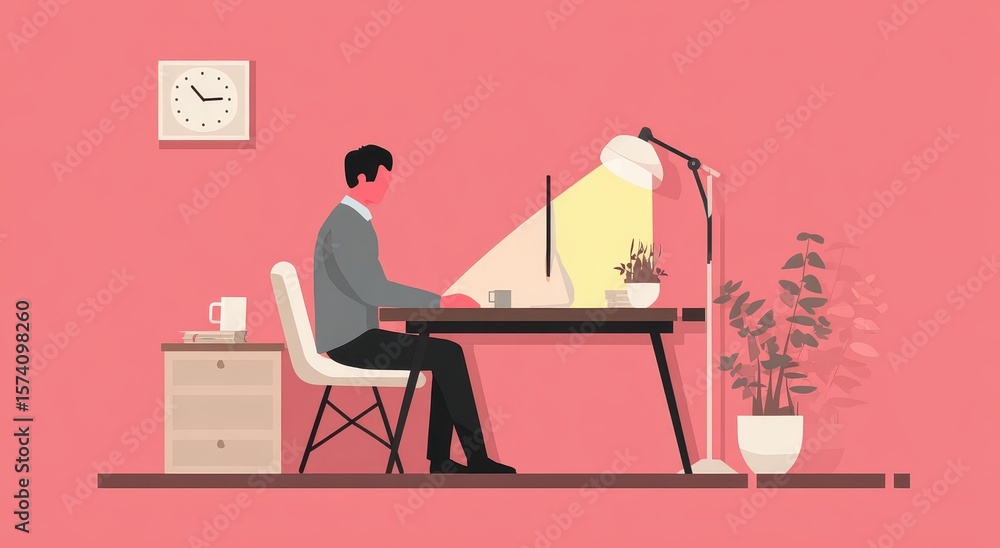 Fototapeta premium Man works at desk in room with plants/clock; possible illustration for remote work