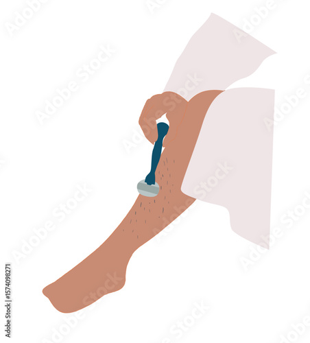 woman shaving legs. Woman wearing blue towel is shaving her leg 