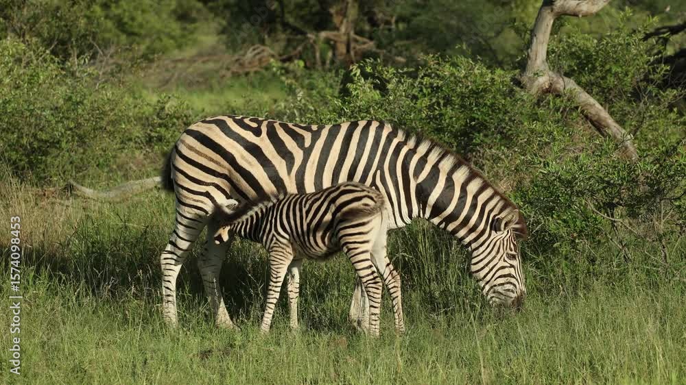 Wide shot of a young zebra foal drinking milk, Greater Kruger Wide shot of a young zebra foal drinking milk, Greater Kruger