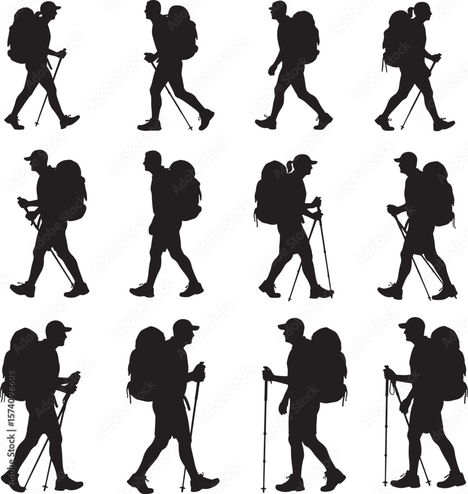 Obraz premium Collection of male hikers with backpacks and trekking poles walking in silhouette