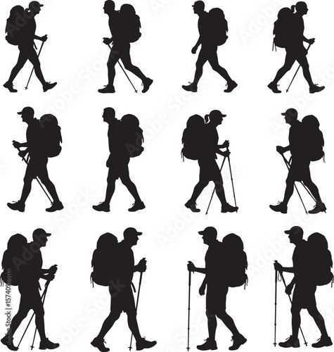 Collection of male hikers with backpacks and trekking poles walking in silhouette