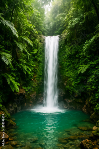 Majestic waterfall surrounded by lush green rainforest scenery