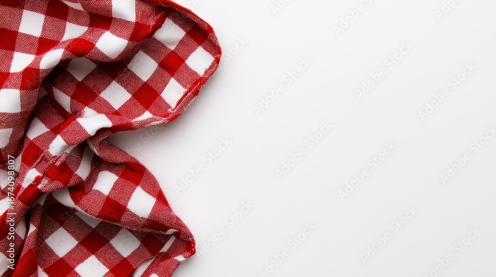 Fototapeta premium Red and white checkered tablecloth on a white isolated background. white background. A pristine checkered cloth red and white squares displays elegantly against a pure backdrop.
