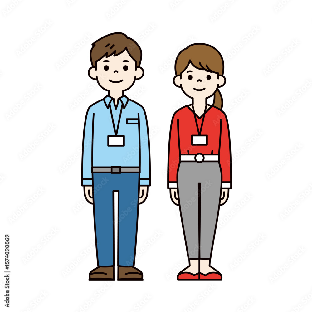 Naklejka premium ネームホルダーをした若い男女の社会人の全身イラスト素材セット_ベクター_カラー