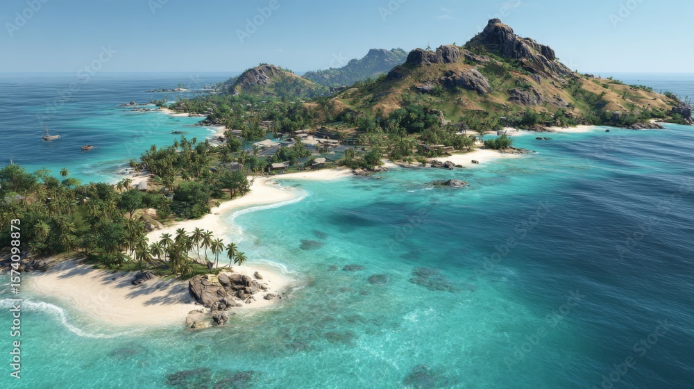 Fototapeta premium A tropical island paradise with clear blue waters, white sandy beaches, and lush green hills.