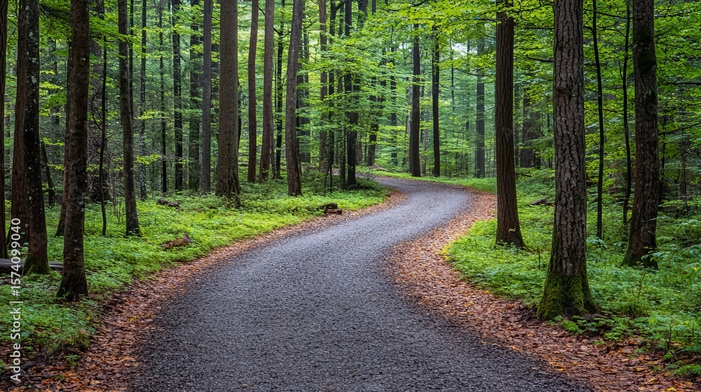 Fototapeta premium Winding gravel path through a lush, green forest with tall trees and mossy ground. Sunlight filters through the canopy
