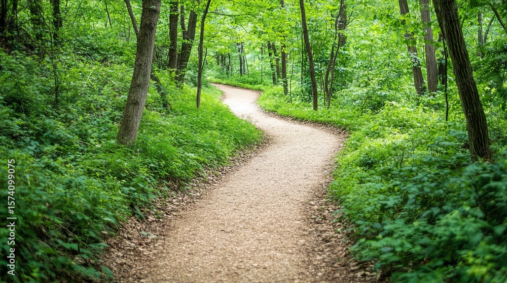 Winding path through a lush, green forest, sunlight dappling the leaves. A tranquil scene evokes peace and serenity Winding path through a lush, green forest, sunlight dappling the leaves. A tranquil scene evokes peace and serenity