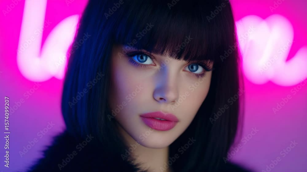 Mesmerizing Gaze: A captivating portrait of a woman, with striking features, in front of a glowing neon background. Focus on beautiful face with expressive blue eyes. Mesmerizing Gaze: A captivating portrait of a woman, with striking features, in front of a glowing neon background. Focus on beautiful face with expressive blue eyes.
