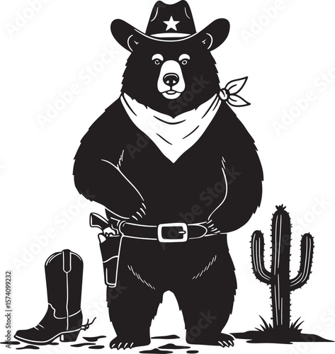 Cowboy bear with hat bandana holster boots and cactus silhouette
