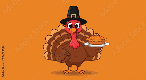 Cute Thanksgiving Turkey with Pilgrim Hat Holding a Pie