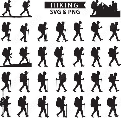 Detailed vector and PNG silhouettes of hikers with backpacks and trekking poles
