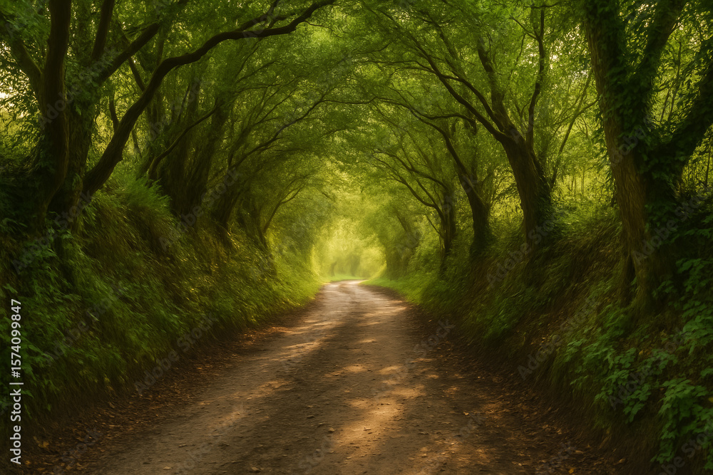 Obraz premium Serene forest path with lush green trees on either side