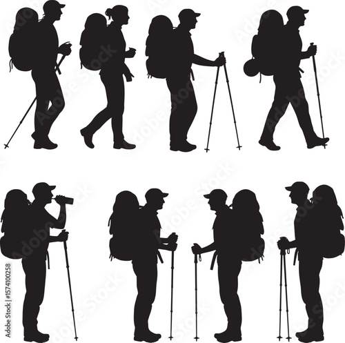 Eight silhouettes of hikers with backpacks and trekking poles in various stances