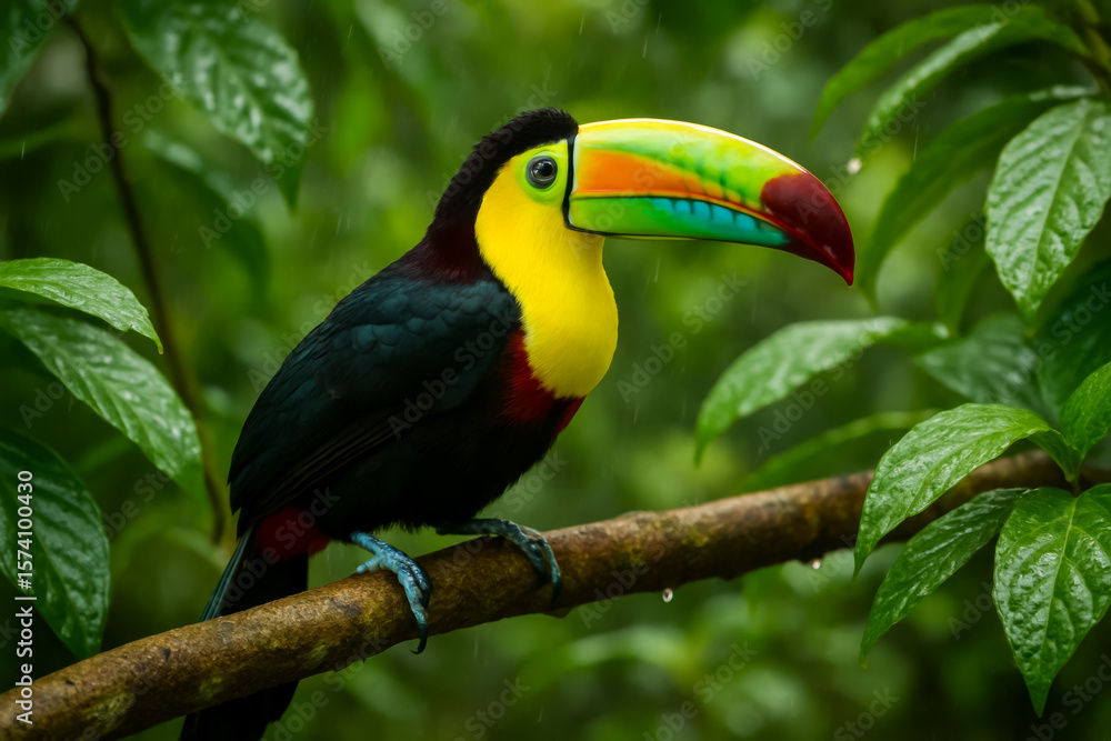Fototapeta premium Colorful toucan perched on branch among lush greenery