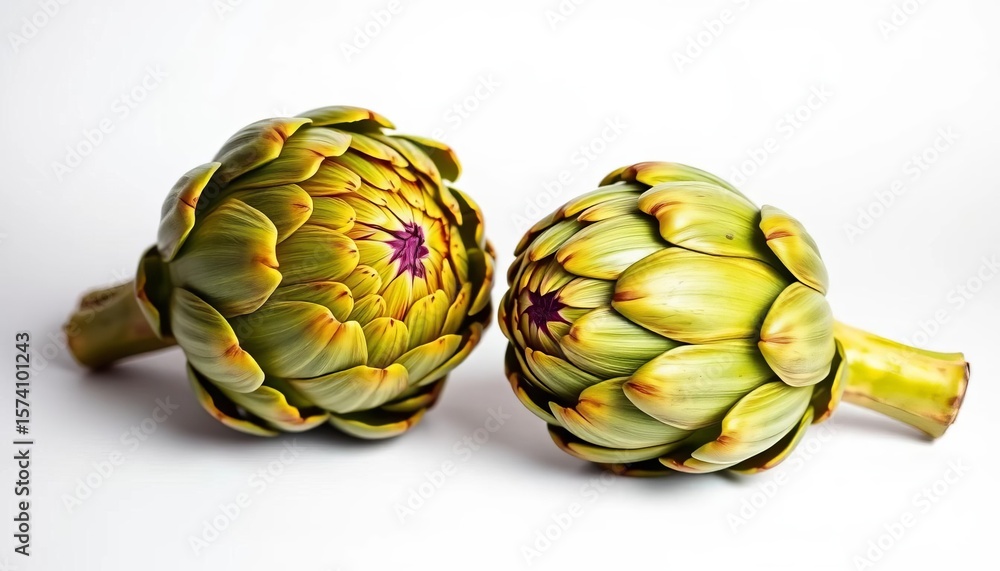 Fototapeta premium Two artichokes, close-up, pristine white background, Mediterranean, fresh