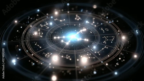 Zodiac Wheel with Rotating Glowing Planets and Stars Symbolism