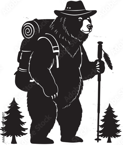 Hiking bear with backpack hat and trekking poles in forest silhouette  