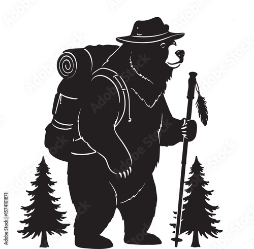 Hiking bear with backpack hat and trekking poles in forest silhouette