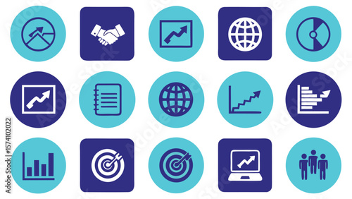 Collection of business and finance icons including graphs targets handshake and globe