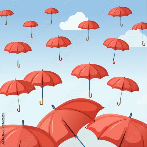 Red umbrellas floating in the cloudy sky: surreal concept