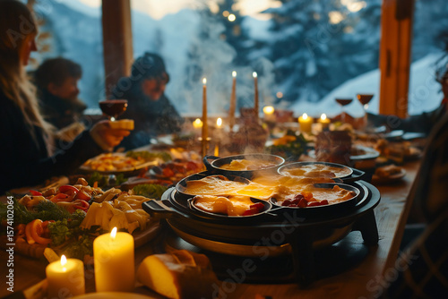 Friends enjoying raclette dinner in alpine chalet with candlelight