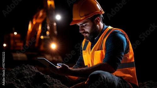 Construction worker in high visibility vest using tablet on site with heavy machinery in the background. Technology integration in construction. Digital innovation boosts building site