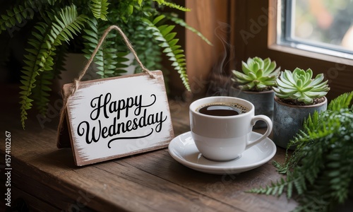 Coffee cup with small plants beside a cheerful happy Wednesday sign, simple decorative illustration