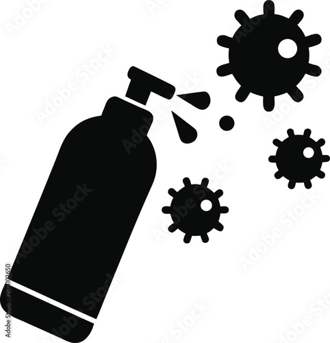 Disinfection spray icon with a spray bottle aiming at a virus