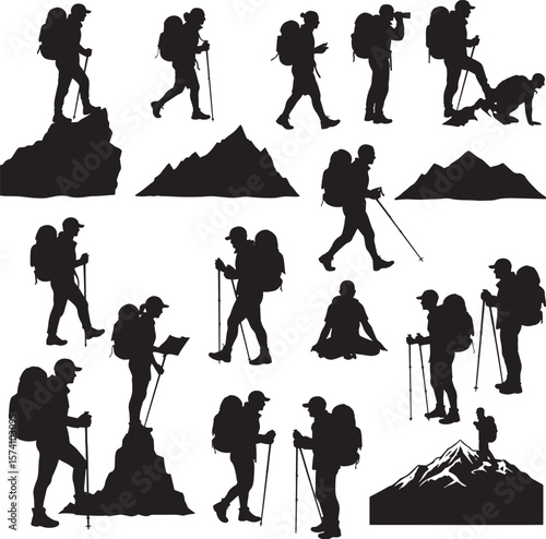 Mountain hikers silhouettes trekking climbing journey adventure backpacking camping set
