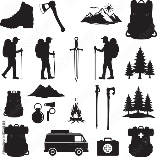 Outdoor adventure hiking camping gear icons set black and white