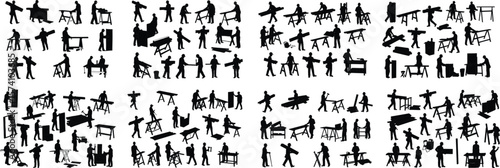 Silhouettes of Carpenters Engaged in Woodworking Activities Depicting Craftsmanship Skills and Teamwork in Various Poses